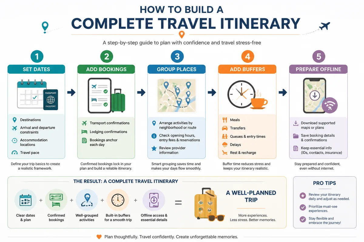English flowchart showing the five steps for building a complete travel itinerary without overplanning