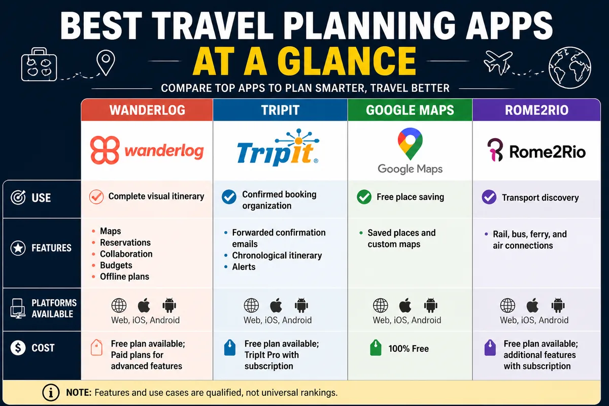 Overhead travel planning desk with folded maps, printed hotel and train confirmations, day cards, and a route map on a smartphone